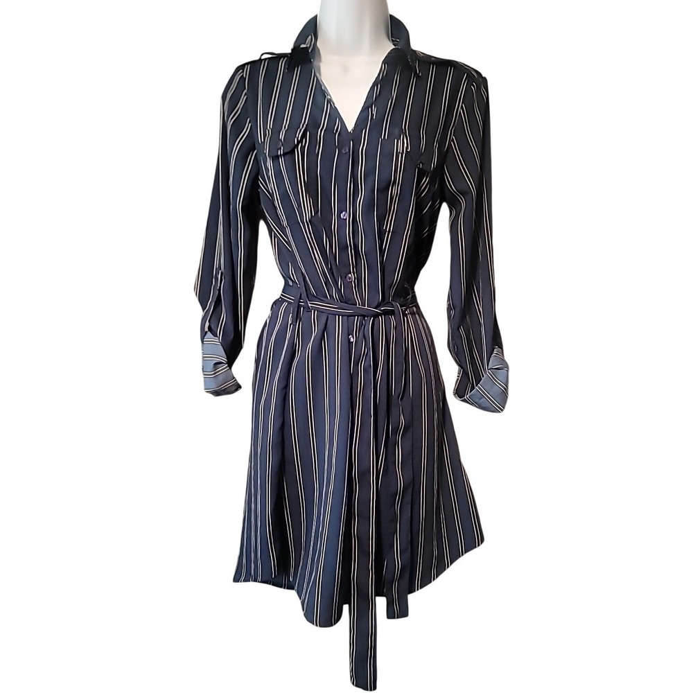 Live 4 Truth Navy Blue White Striped Roll Tab Sleeve Belted Shirt Dress Womens S